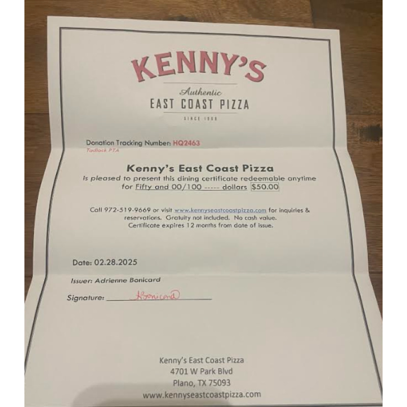 Kenny's Authentic East Coast Pizza Gift Certificate